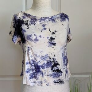 RAGA Tie Dye Top Cropped Bateau Cowl Cap Sleeve Stretch Knit White Blue M NWT